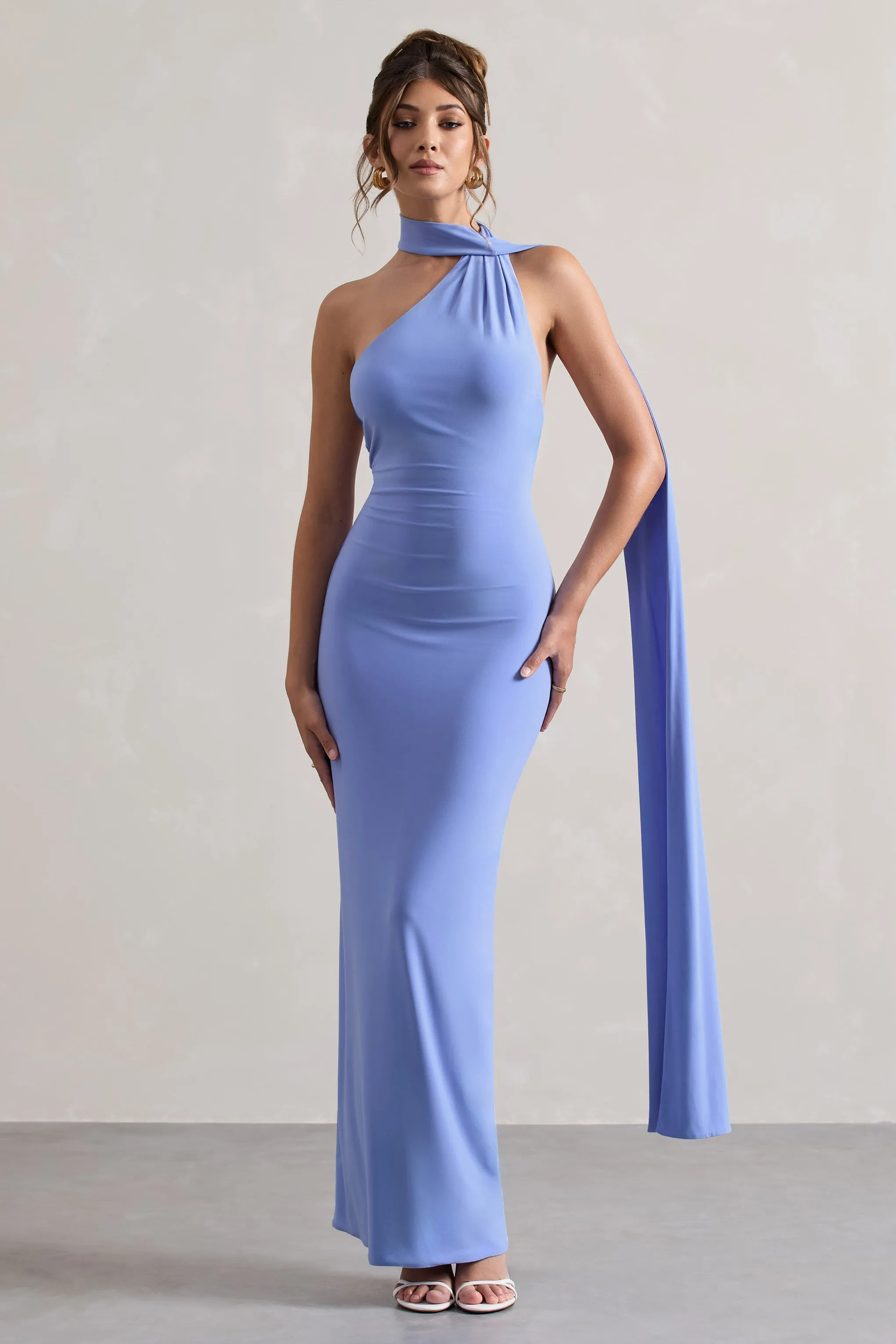 Miss | Pale Blue One Shoulder Backless Maxi Dress With Scarf