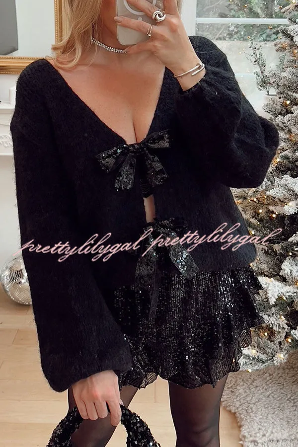 Misty Starlight Tie Front Sequin Bow Loose Sweater