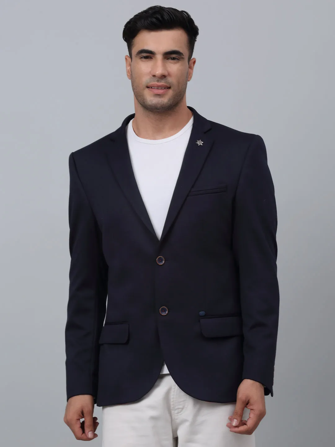 Navy Blue Solid Full Sleeves Casual Blazer For Men