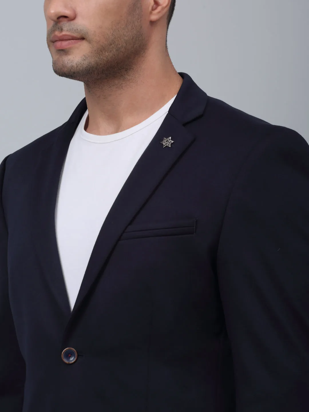 Navy Blue Solid Full Sleeves Casual Blazer For Men