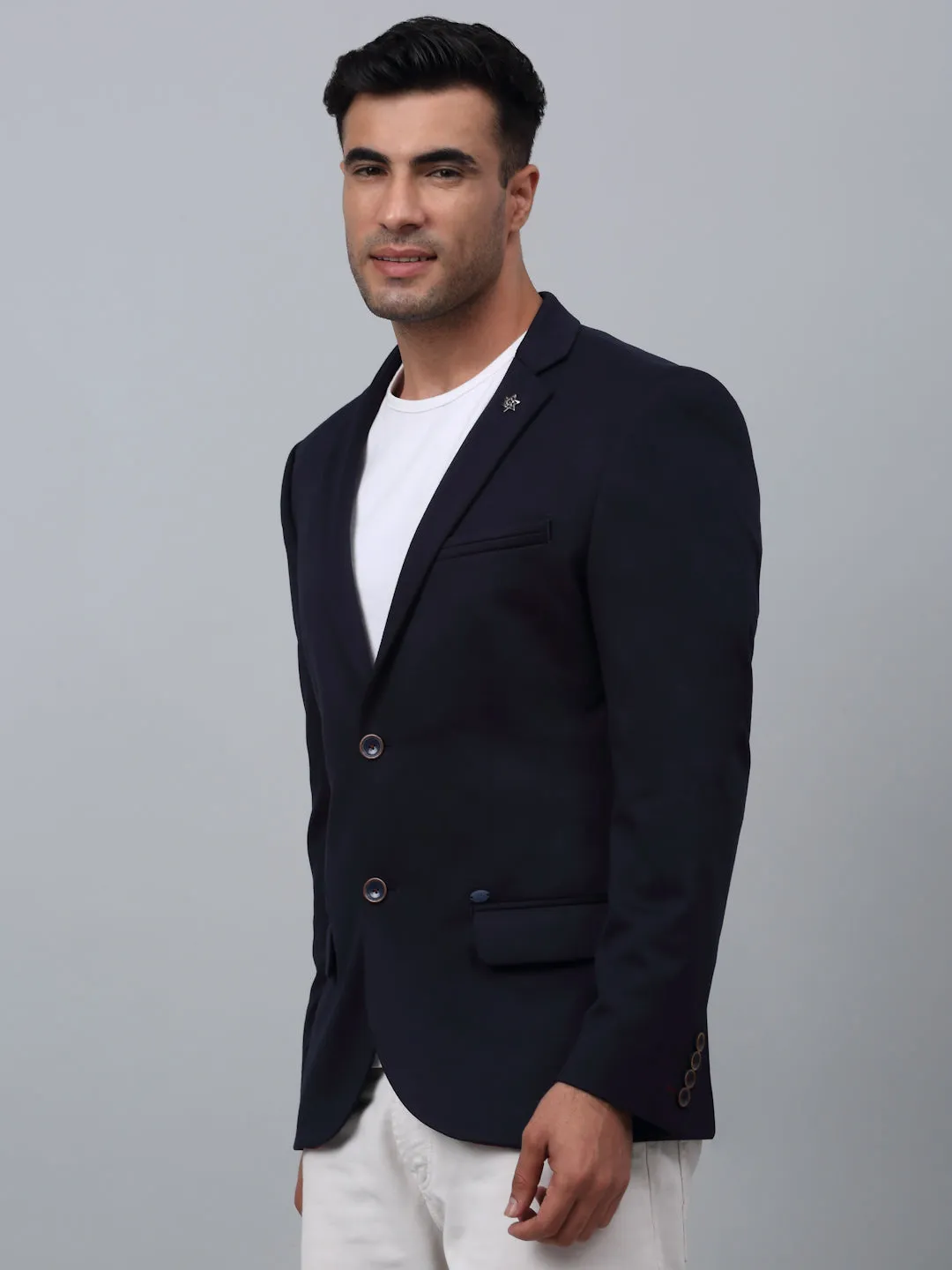 Navy Blue Solid Full Sleeves Casual Blazer For Men