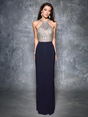 Nina Canacci 7255 Size 2, 4 Long Crystal Halter Formal Dress Fitted Gown