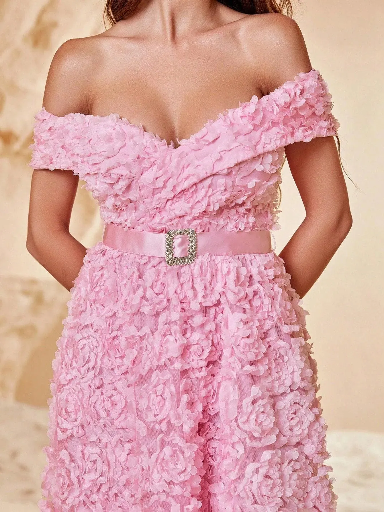 Off Shoulder Rhinestone Detail Belted 3D Flower A-Line Dresses