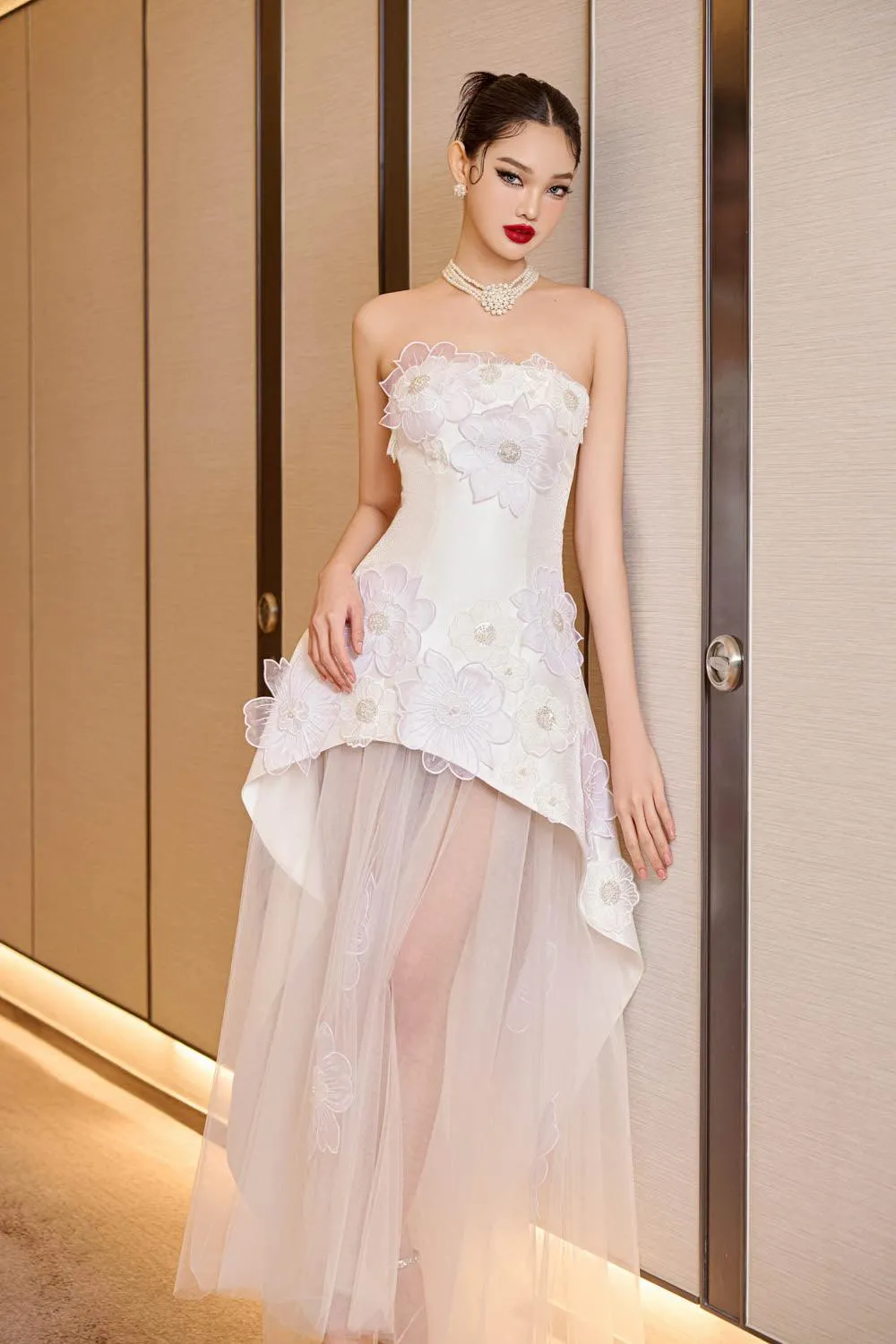 Opulent Layered Straight Across Neck Mesh Taffeta Floor Length Dress