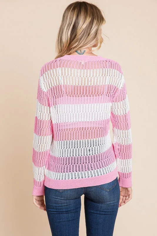 Pink Striped Knit Long Sleeves Sweater - Final Sale