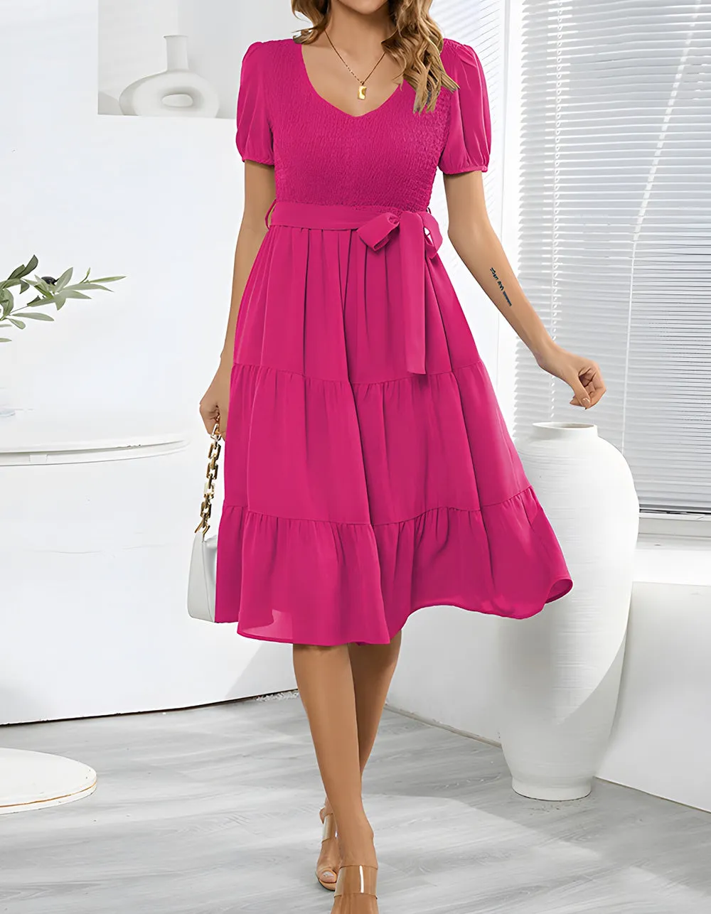 Plain V Neck Short Sleeve Belted Midi A Line Dresses