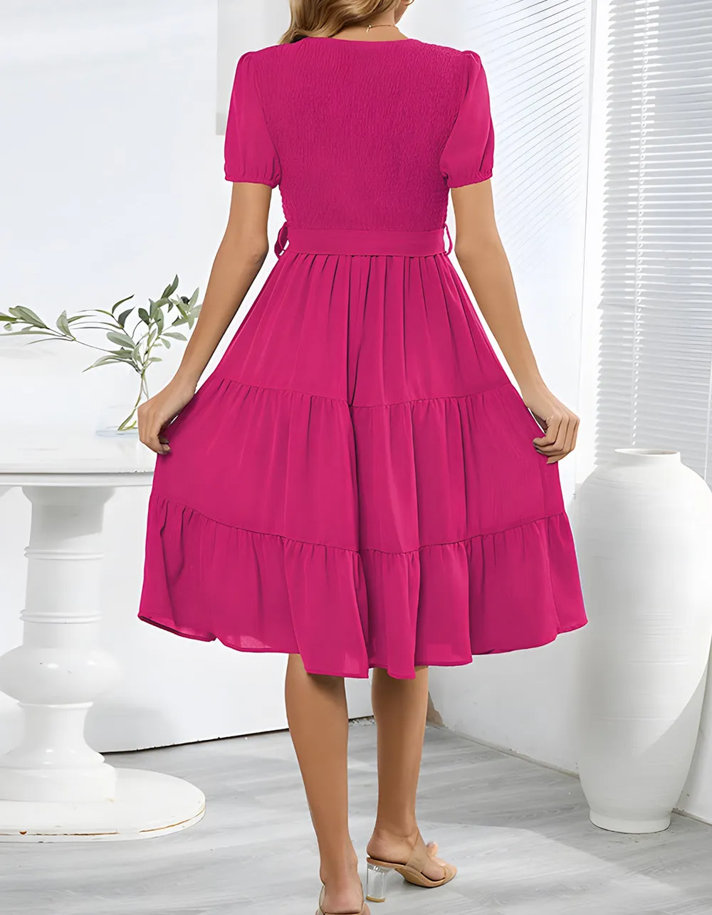 Plain V Neck Short Sleeve Belted Midi A Line Dresses