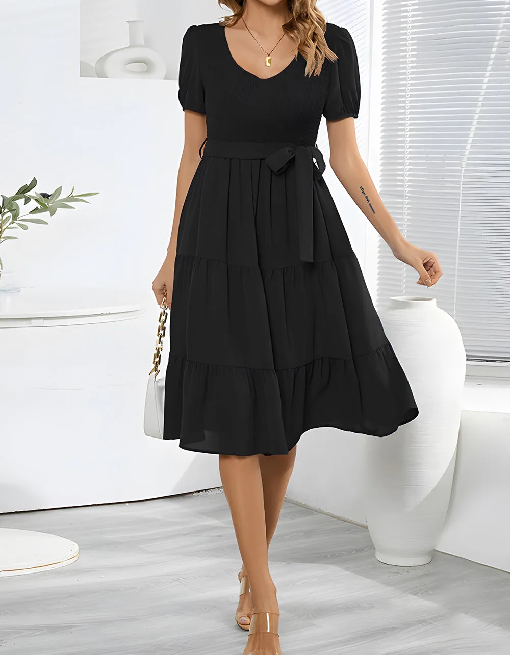 Plain V Neck Short Sleeve Belted Midi A Line Dresses