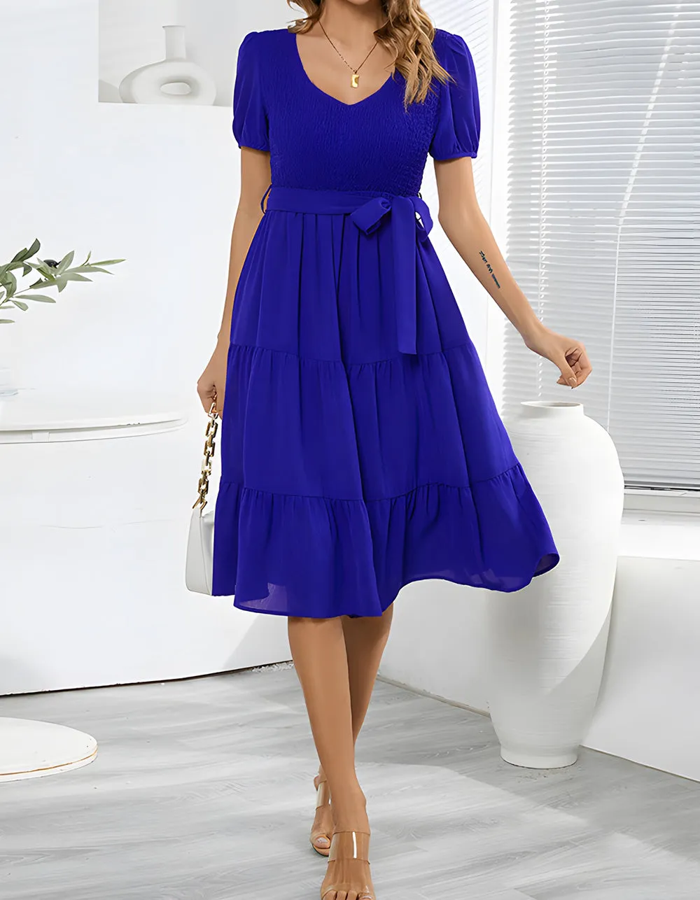 Plain V Neck Short Sleeve Belted Midi A Line Dresses