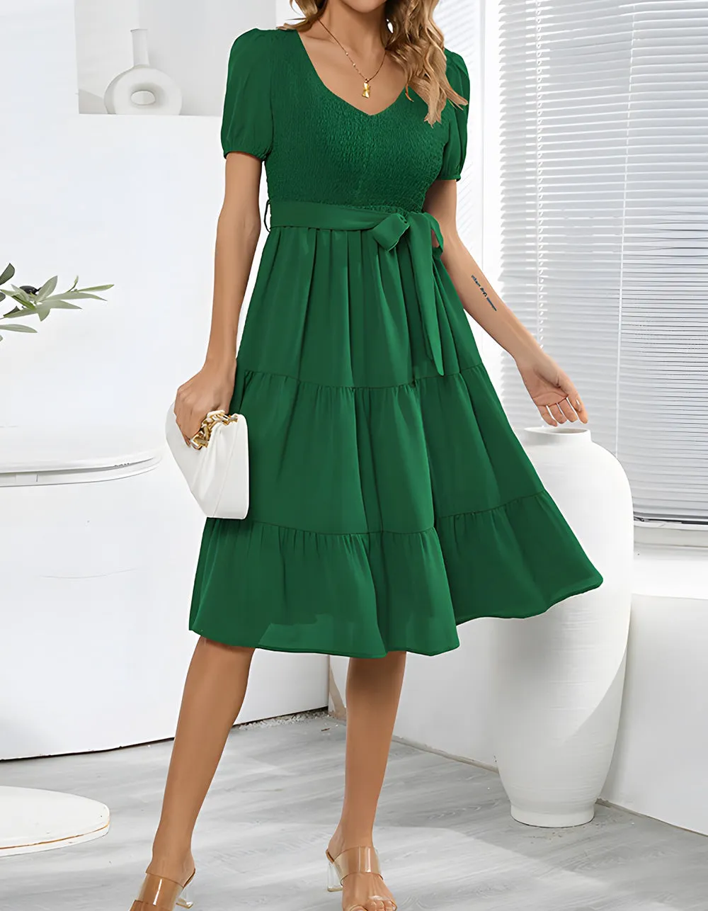 Plain V Neck Short Sleeve Belted Midi A Line Dresses