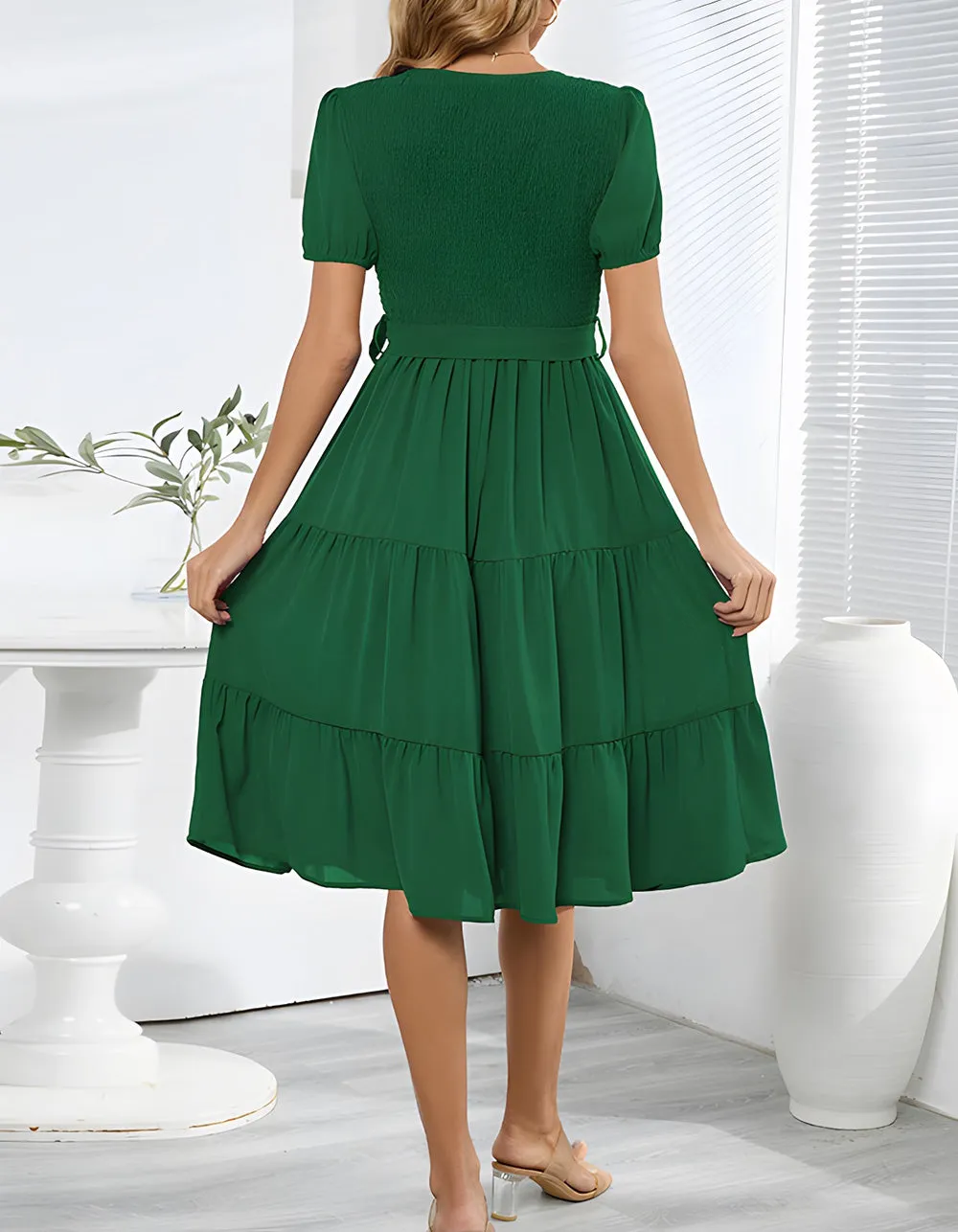 Plain V Neck Short Sleeve Belted Midi A Line Dresses