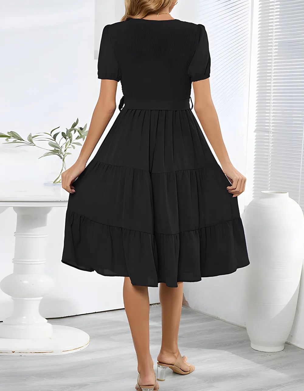 Plain V Neck Short Sleeve Belted Midi A Line Dresses