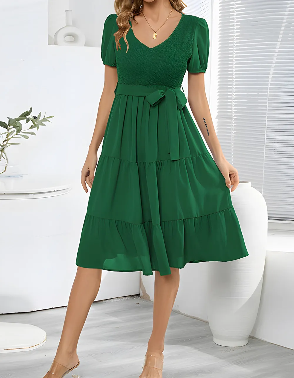 Plain V Neck Short Sleeve Belted Midi A Line Dresses