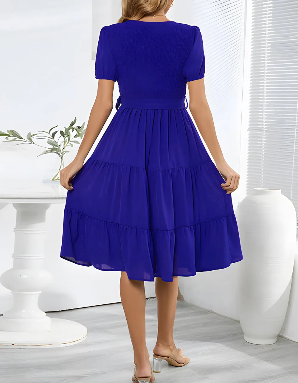 Plain V Neck Short Sleeve Belted Midi A Line Dresses