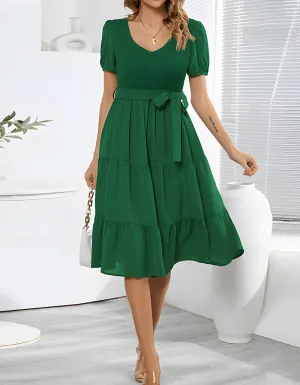 Plain V Neck Short Sleeve Belted Midi A Line Dresses