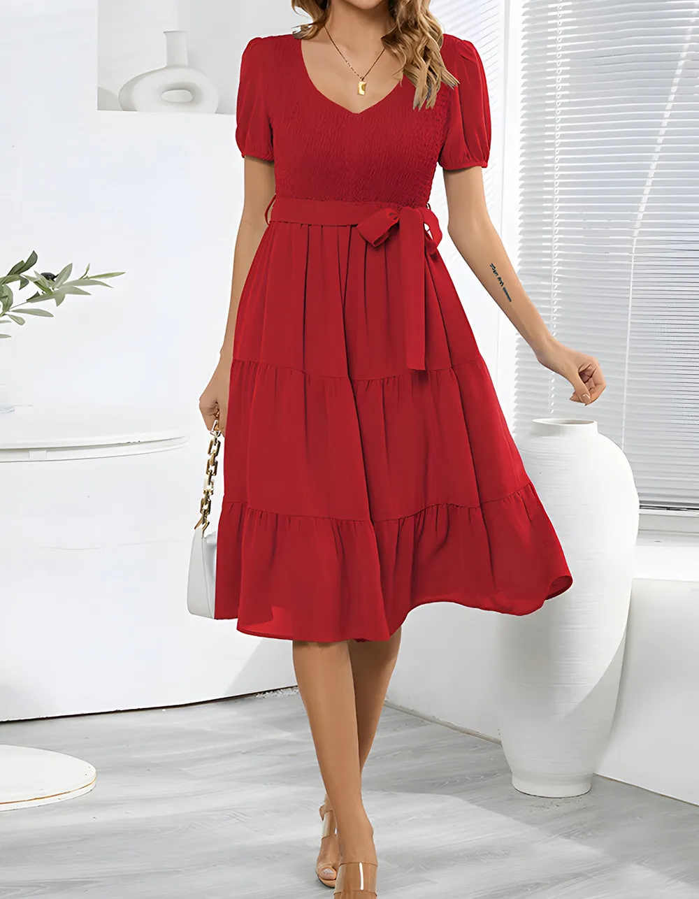 Plain V Neck Short Sleeve Belted Midi A Line Dresses