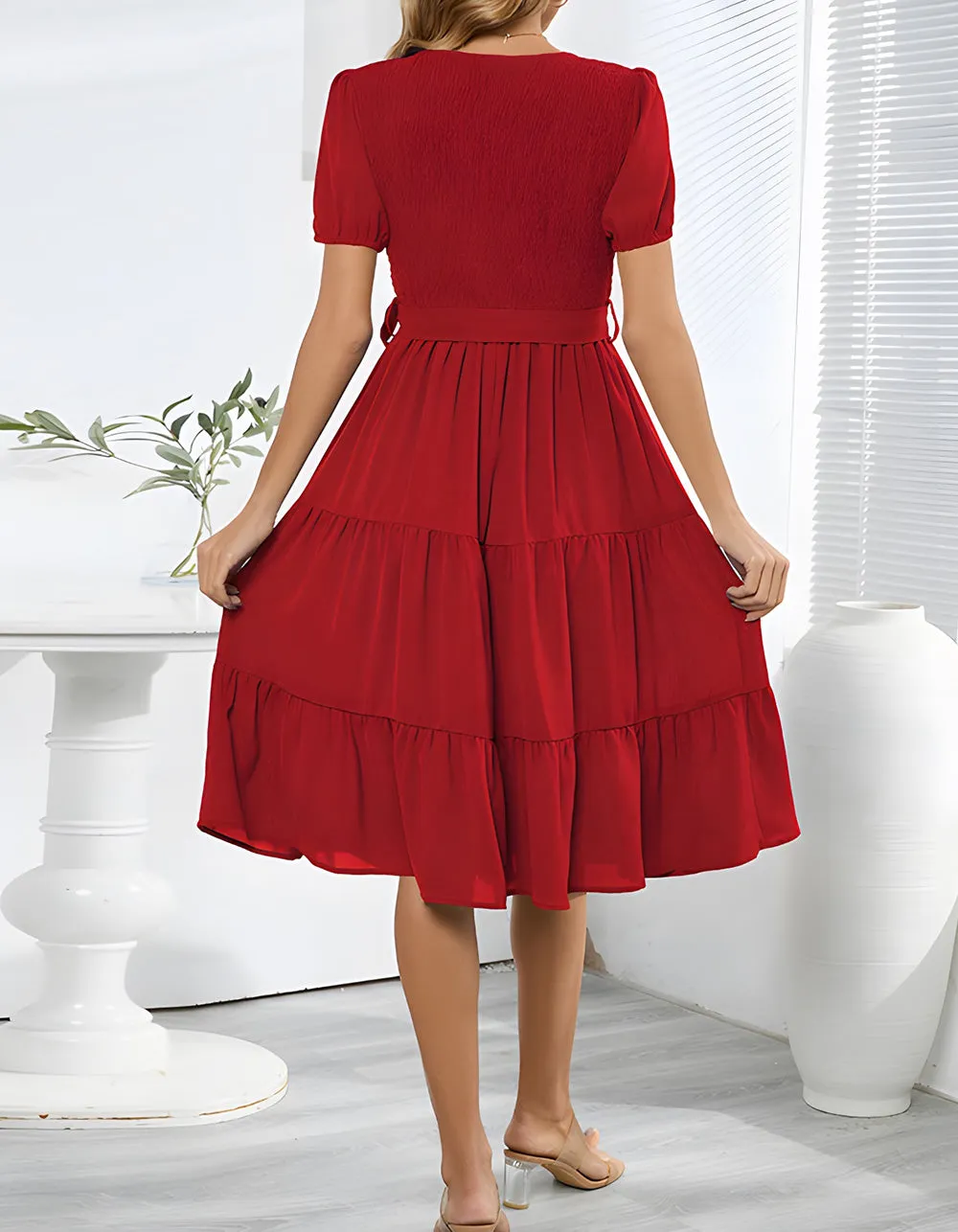 Plain V Neck Short Sleeve Belted Midi A Line Dresses