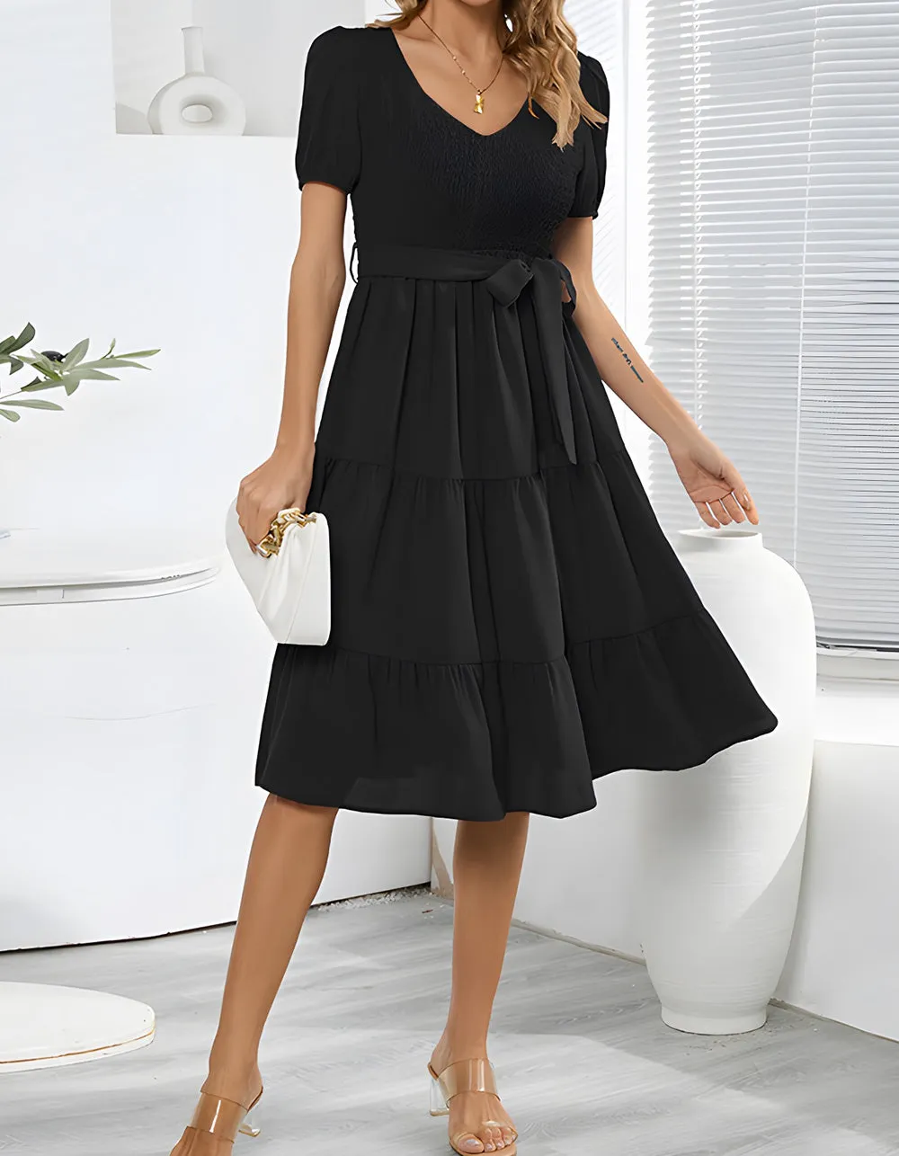 Plain V Neck Short Sleeve Belted Midi A Line Dresses