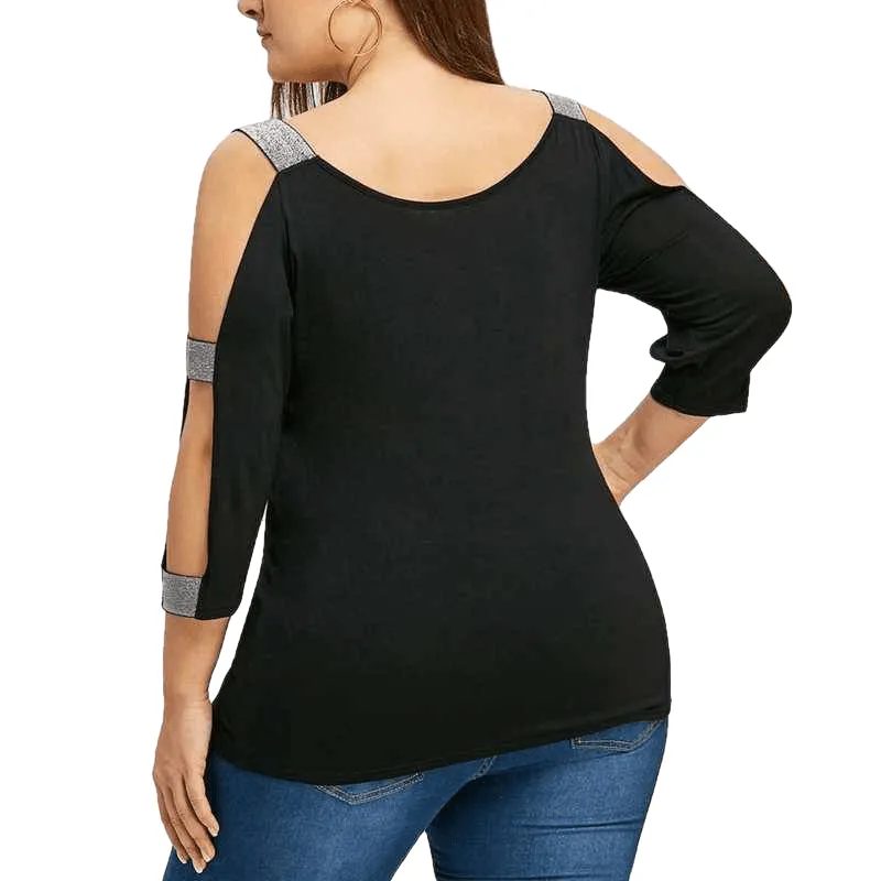 Plus Size O Neck Black Tunic Shirt Sexy Cold Shoulder Blouse