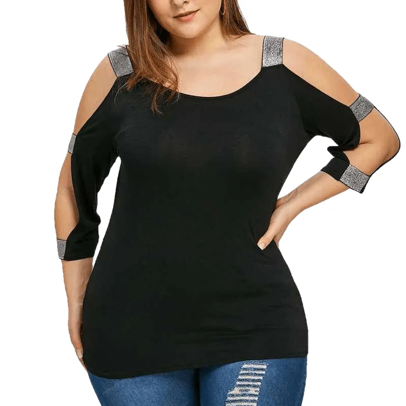 Plus Size O Neck Black Tunic Shirt Sexy Cold Shoulder Blouse