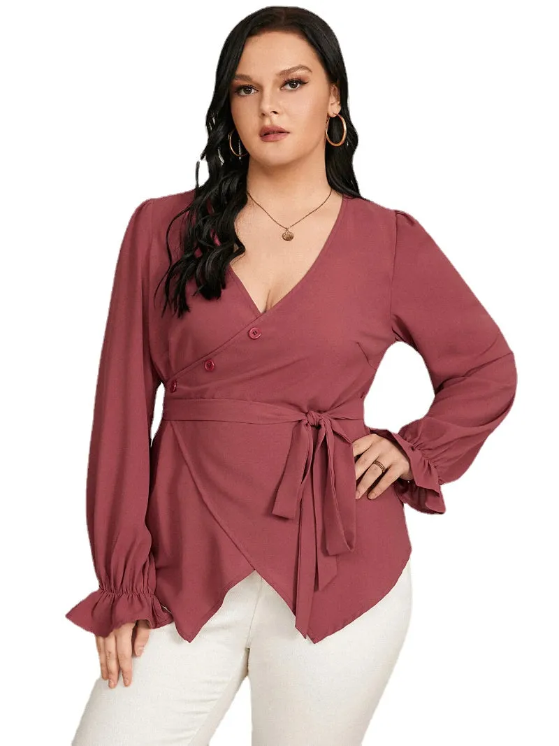 Plus Size V-neck Belt Design Button Design Blouse