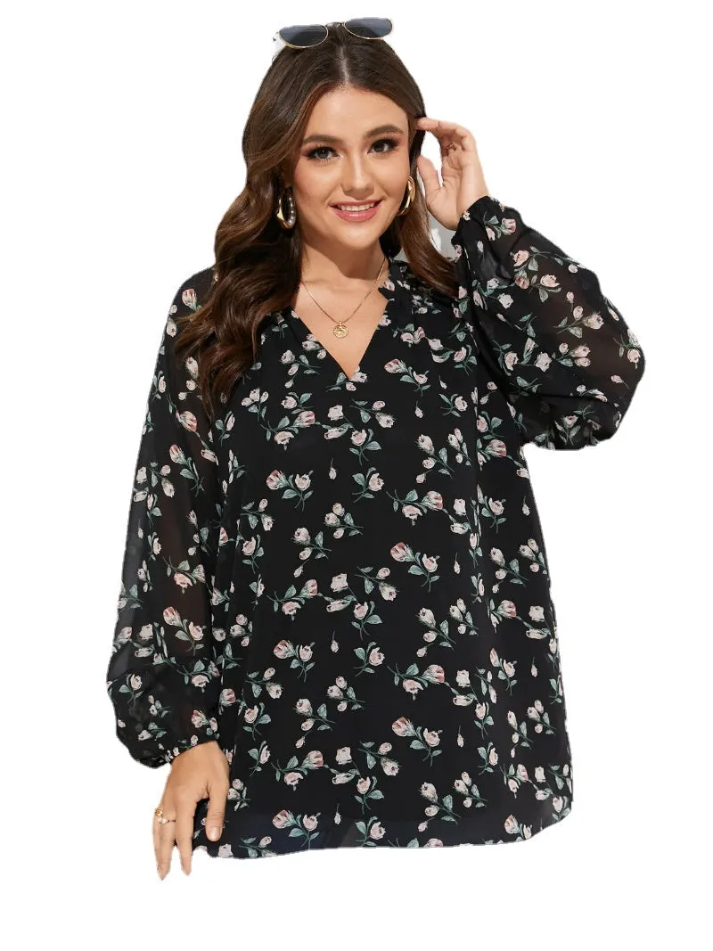 Plus Size V-neck Floral Print Long Sleeves Blouse