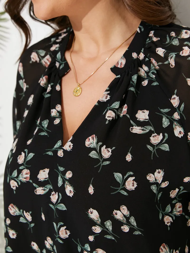 Plus Size V-neck Floral Print Long Sleeves Blouse