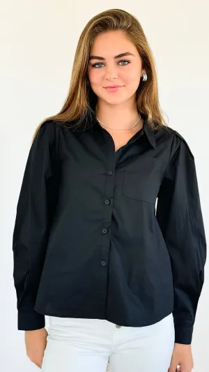 Poplin Puff Sleeve Solid Shirt Top - Black