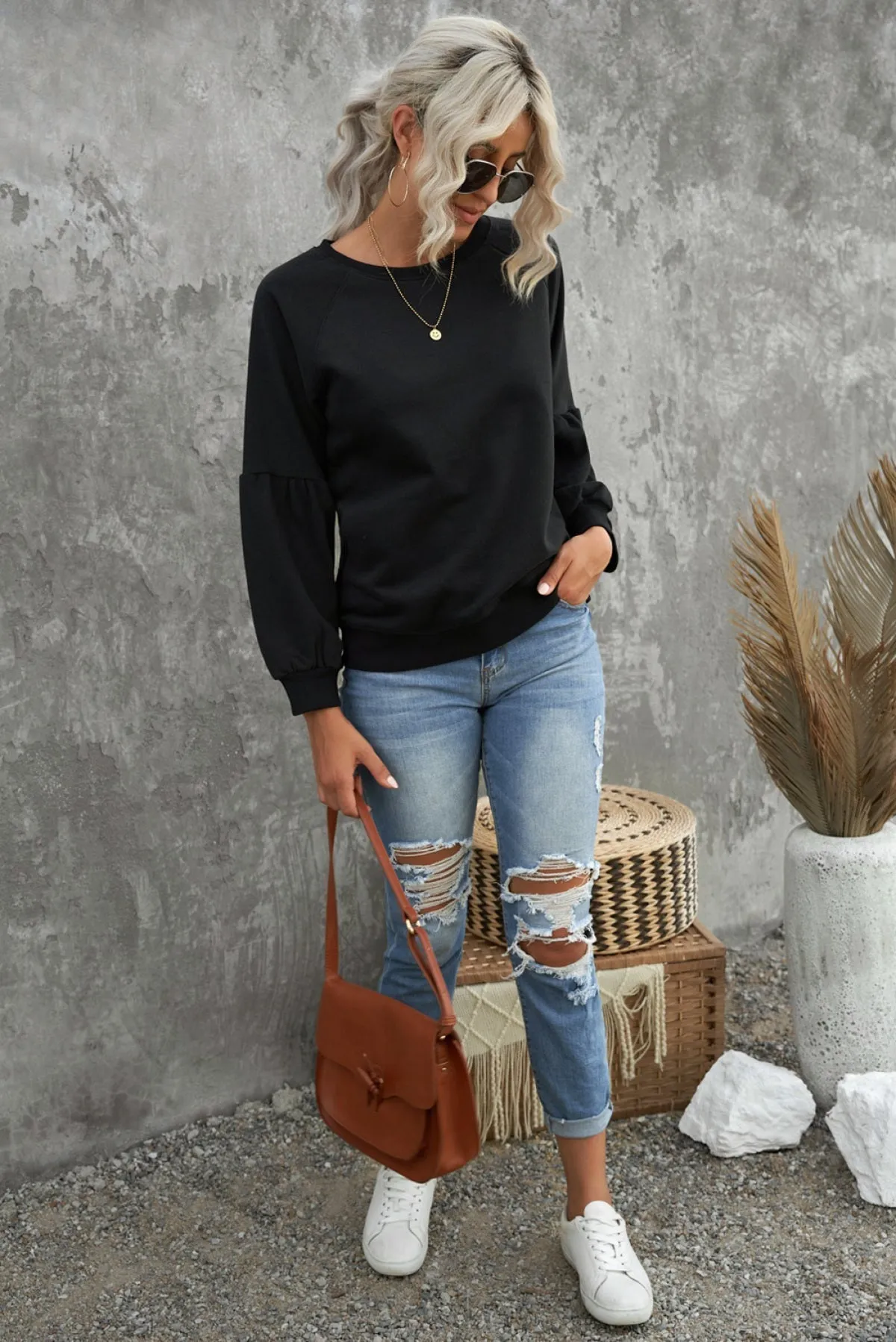 Raglan Patchwork Sleeve Pullover Sweatshirt