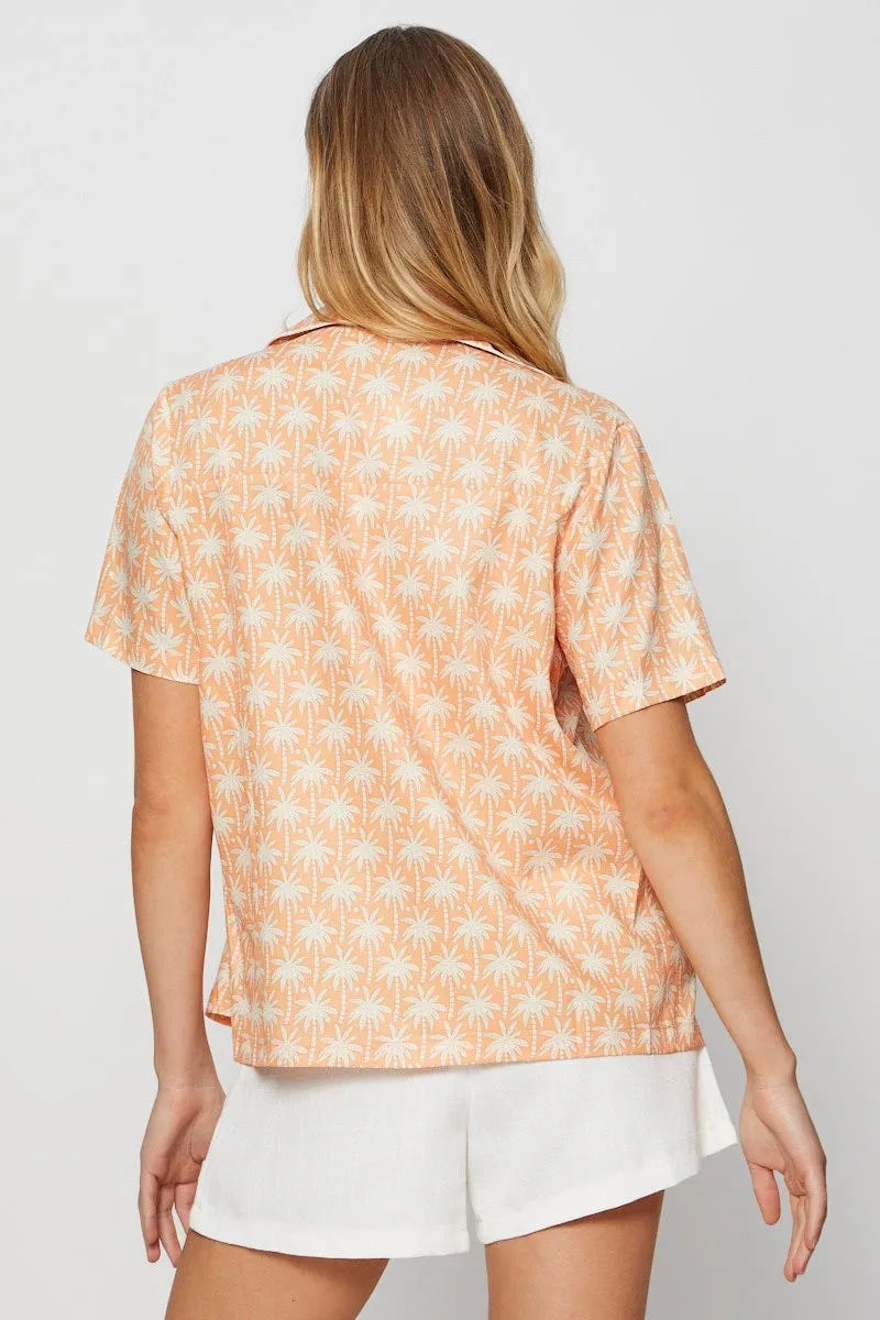 Retro Print Relaxed Shirts Short Sleeve Collared