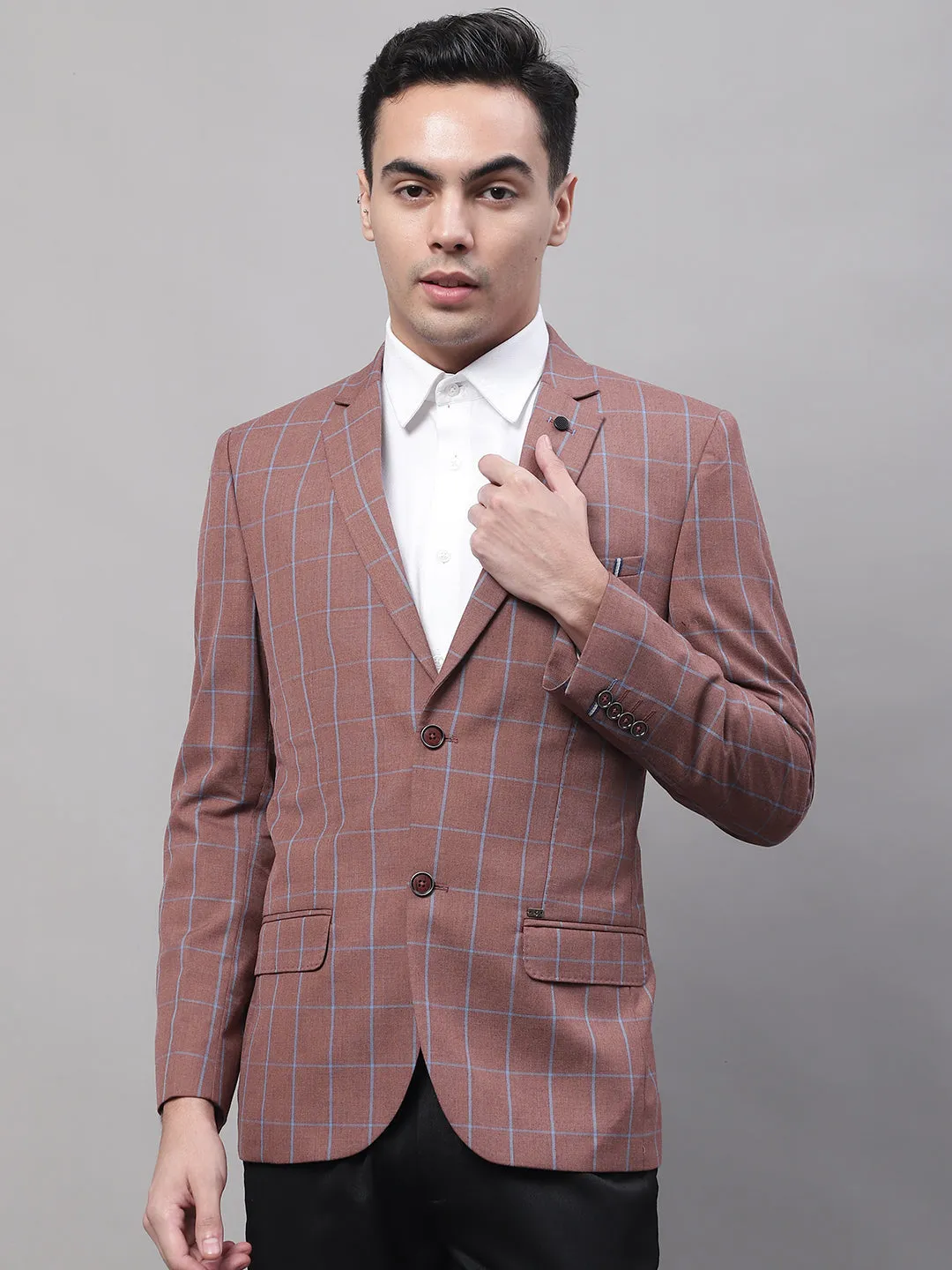 Rust Checkered Full Sleeves Formal Blazer For Men