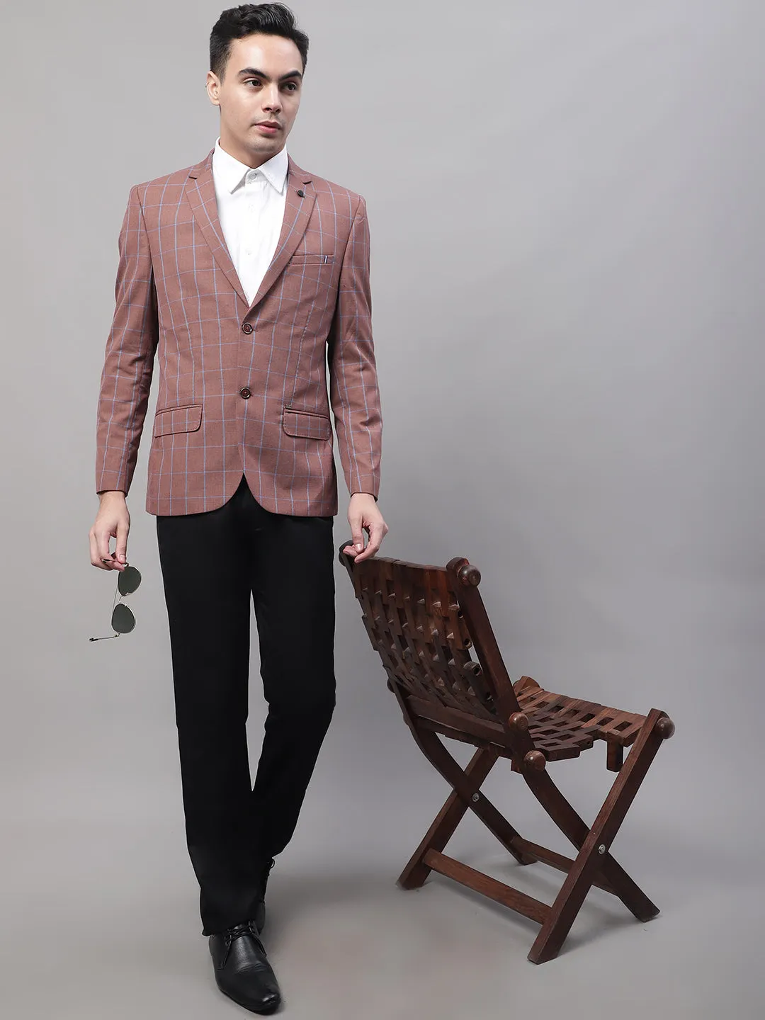 Rust Checkered Full Sleeves Formal Blazer For Men