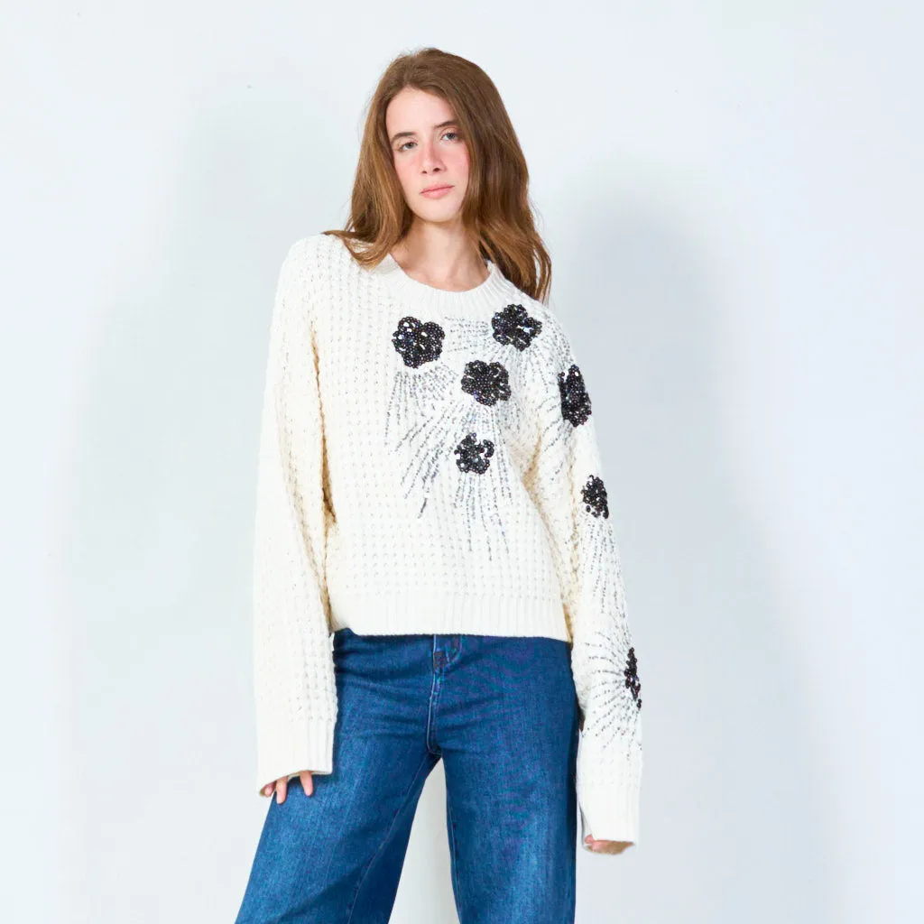 Sequin floral waffle-knit sweater wholesale