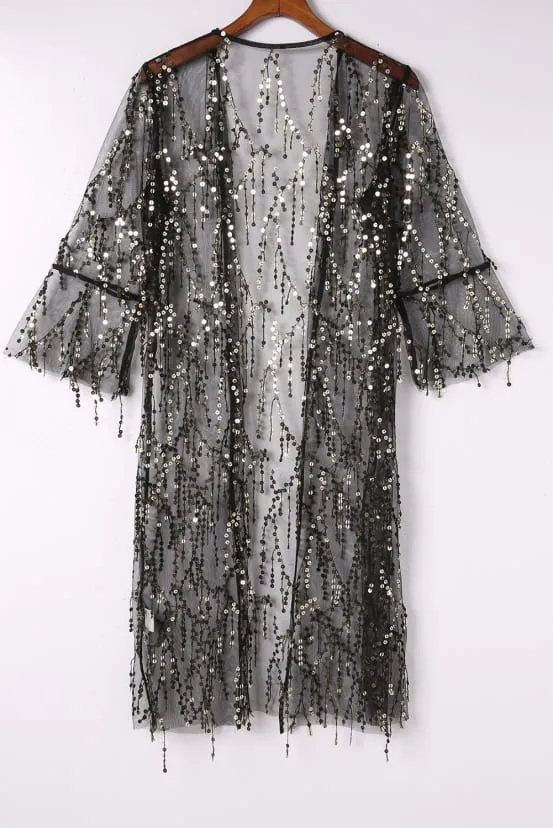 Sequin Sheer Long Sleeve Open Front Kimono