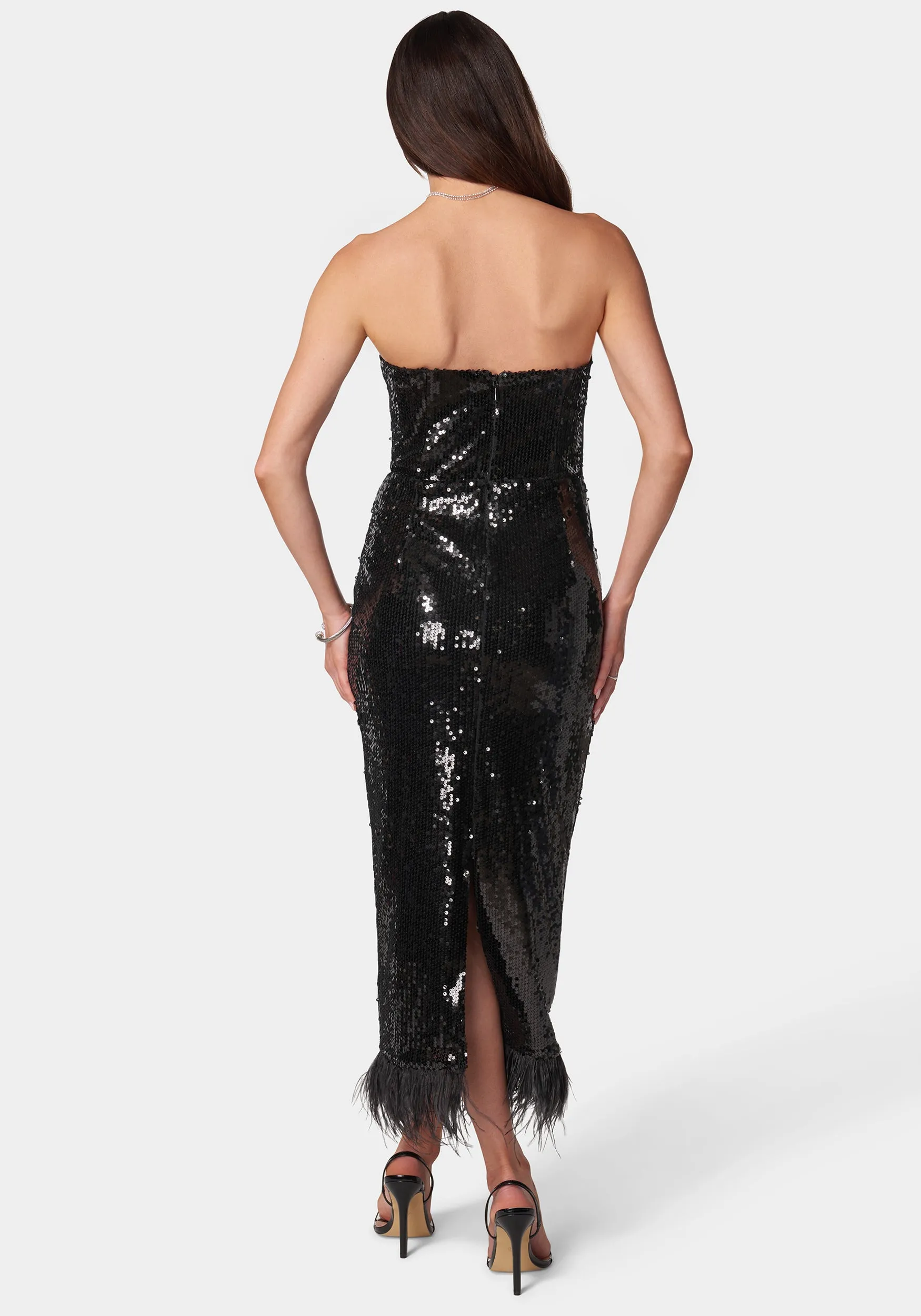 Sequin Strapless Midi Dress With Feather Trim