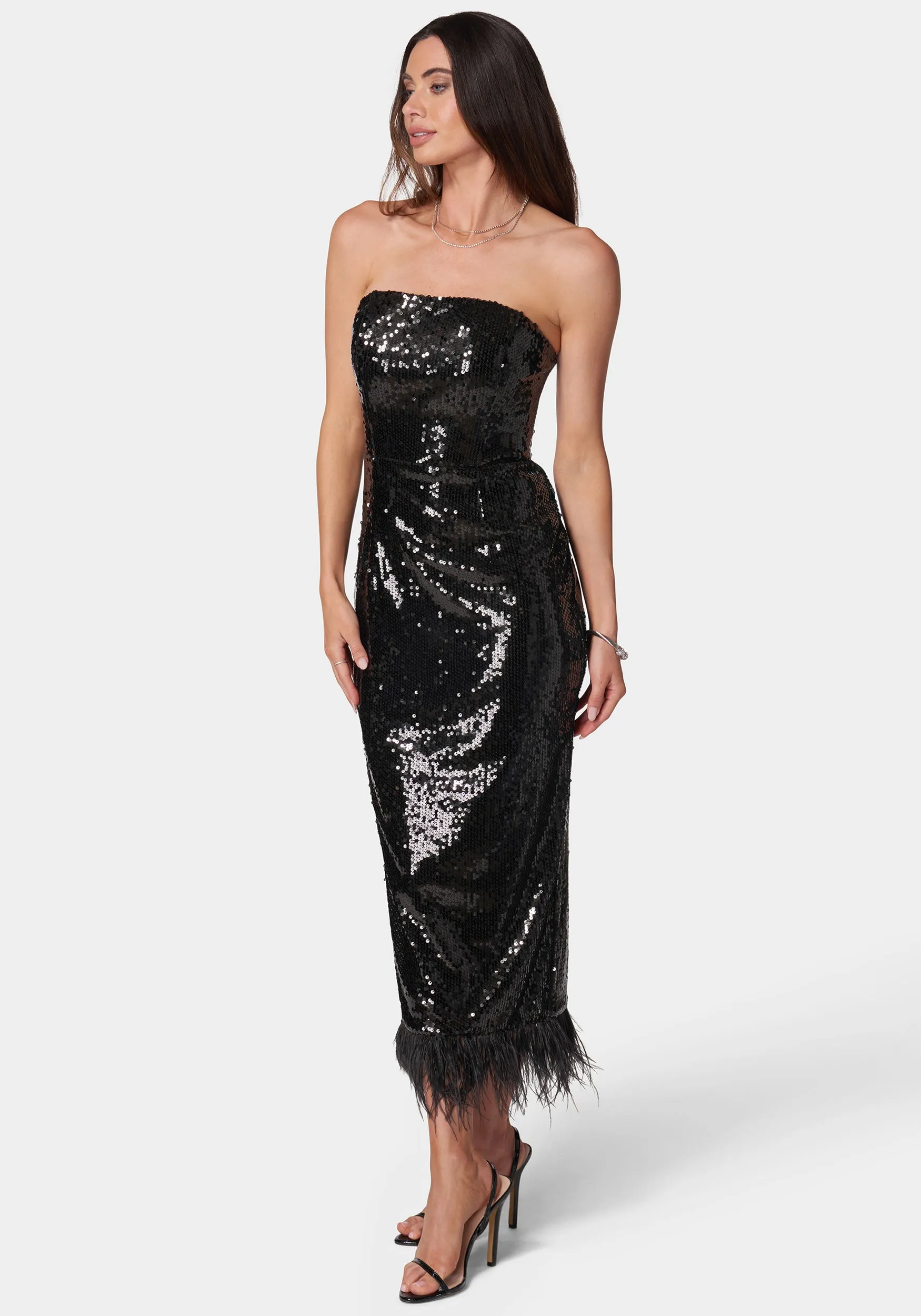 Sequin Strapless Midi Dress With Feather Trim