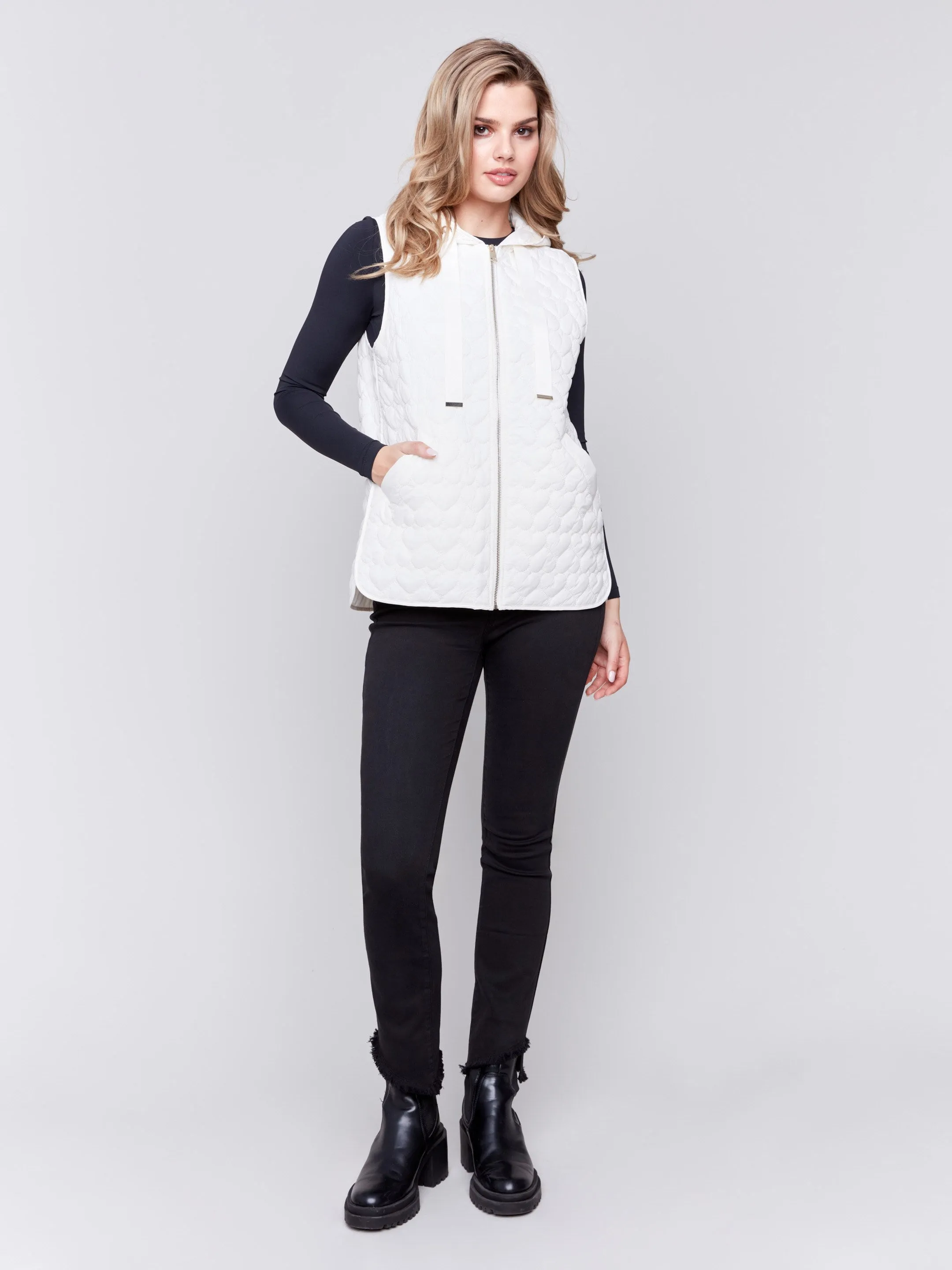 Short Quilted Puffer Vest with Hood - Ecru