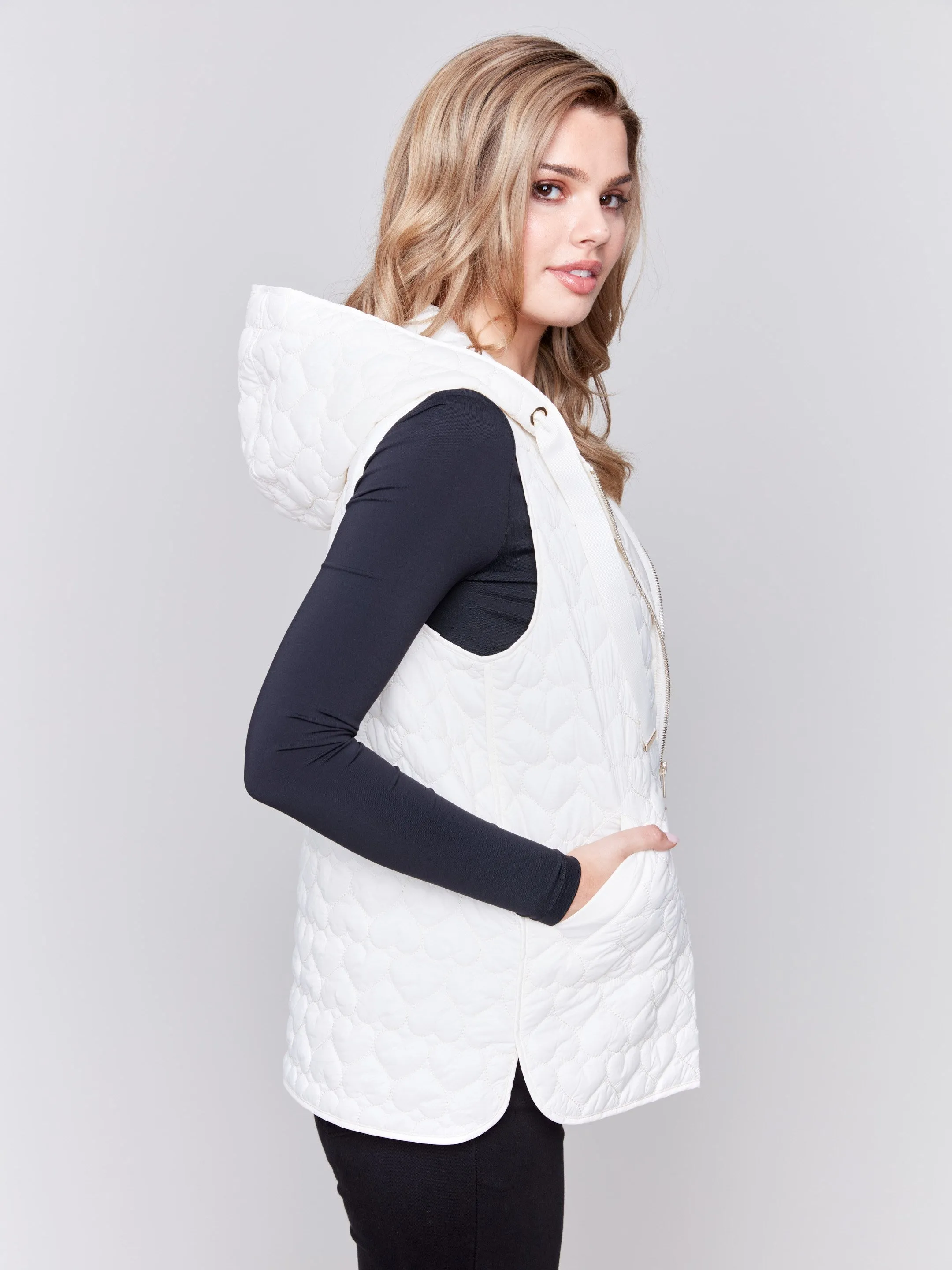 Short Quilted Puffer Vest with Hood - Ecru