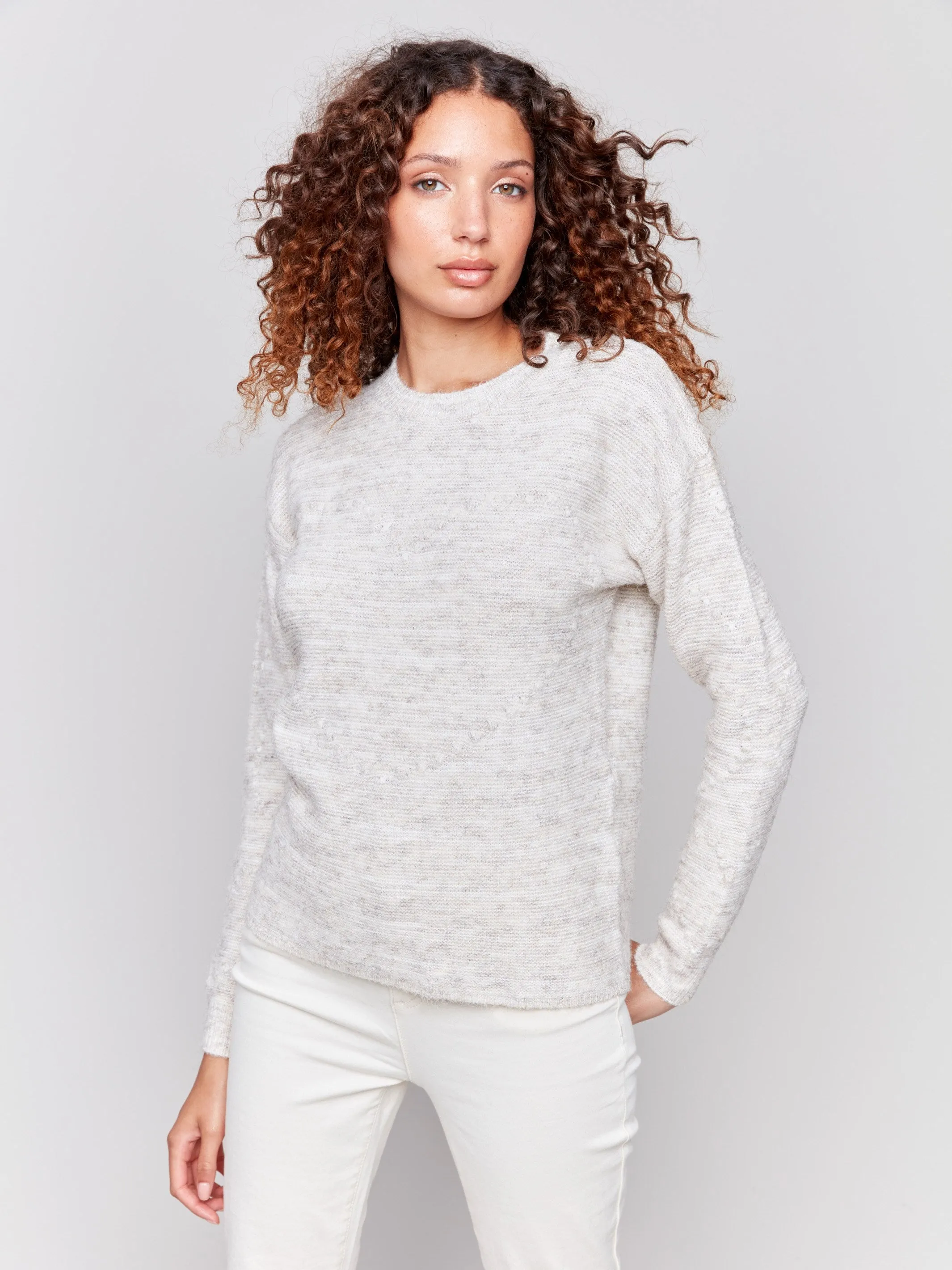 Space Dye Knit Sweater with Drop Shoulders - Ecru