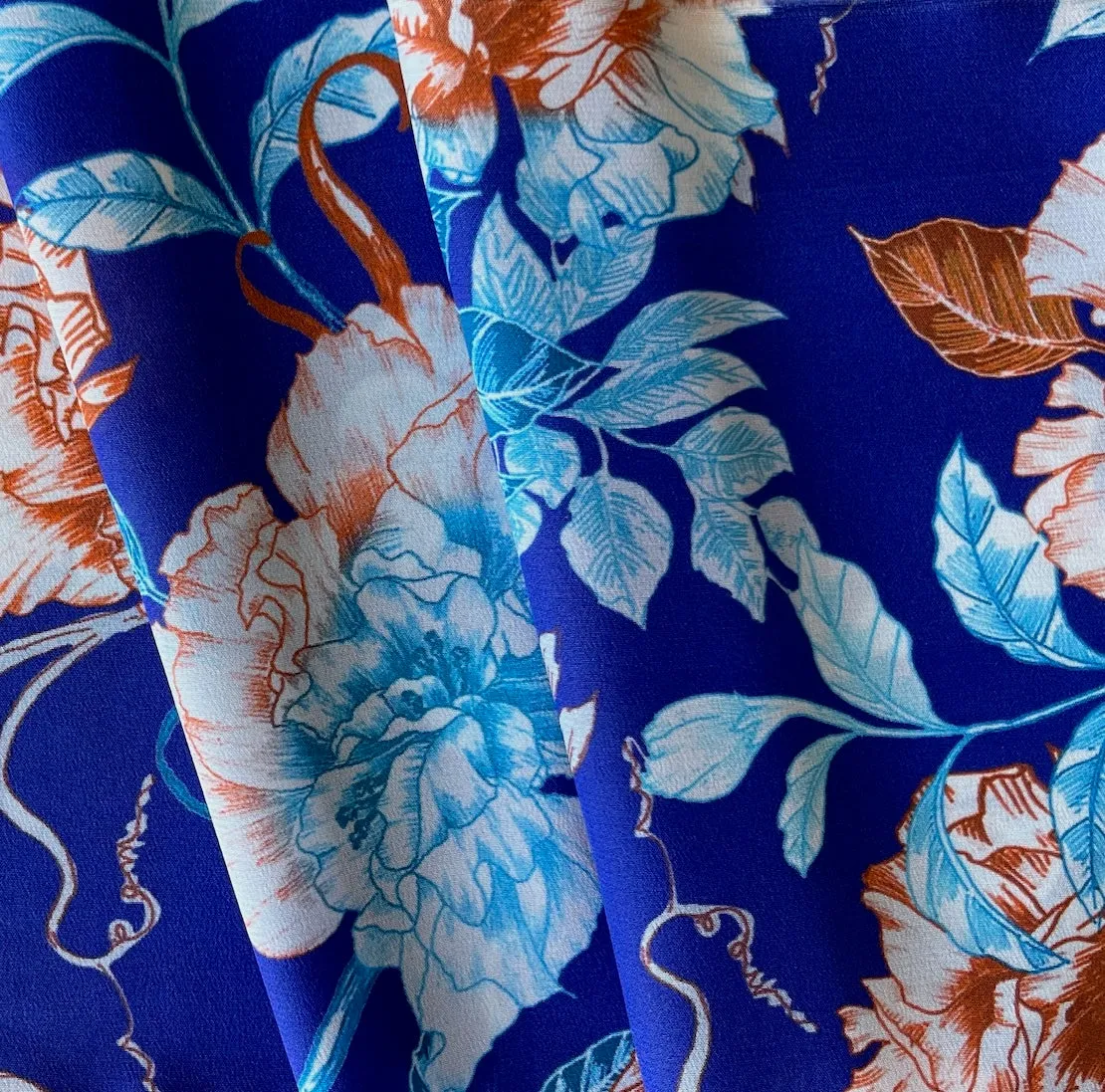 Spiced Sky Blue Peonies on Cobalt Silk Crepe de Chine (Made in Italy)