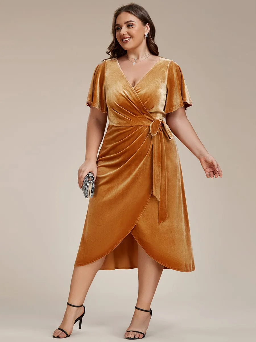 Tala | Plus Size V-Neck Ruffles Sleeve Velvet One-Piece Type Wedding Guest Dress