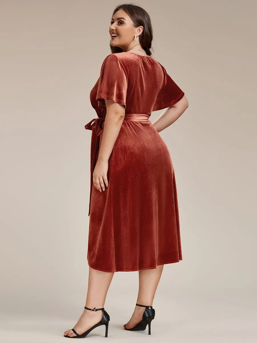 Tala | Plus Size V-Neck Ruffles Sleeve Velvet One-Piece Type Wedding Guest Dress