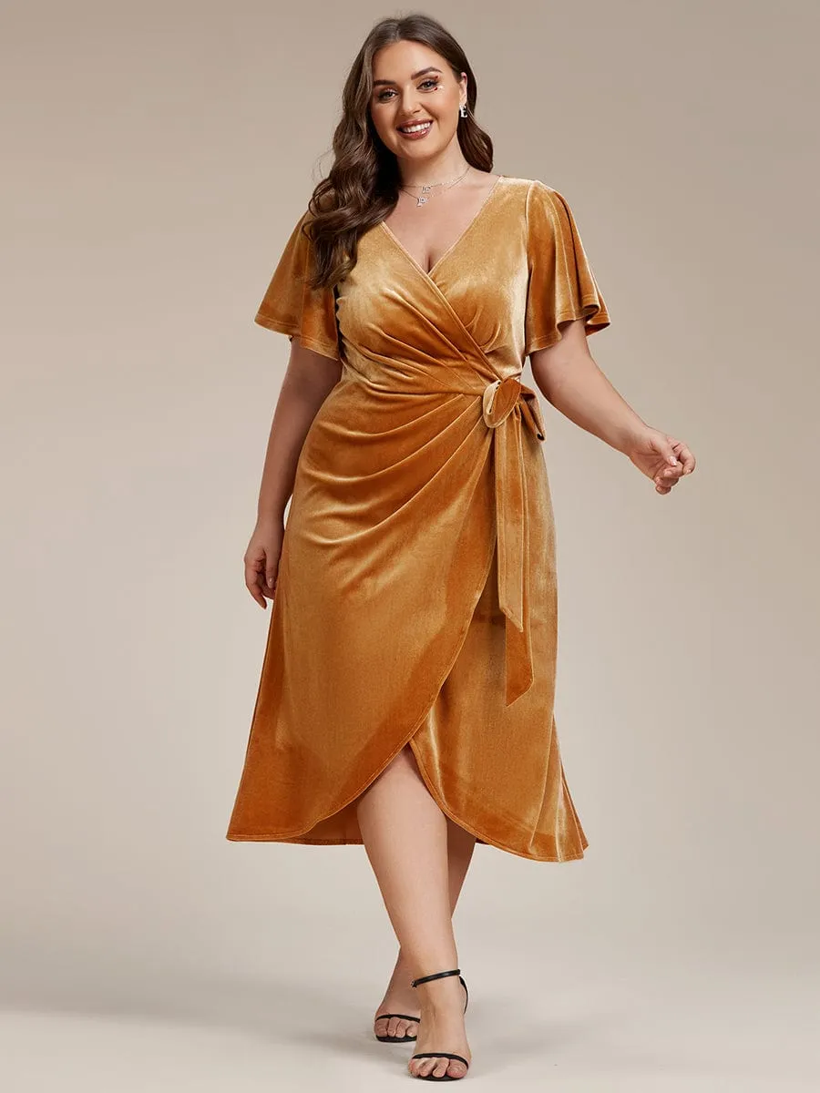 Tala | Plus Size V-Neck Ruffles Sleeve Velvet One-Piece Type Wedding Guest Dress