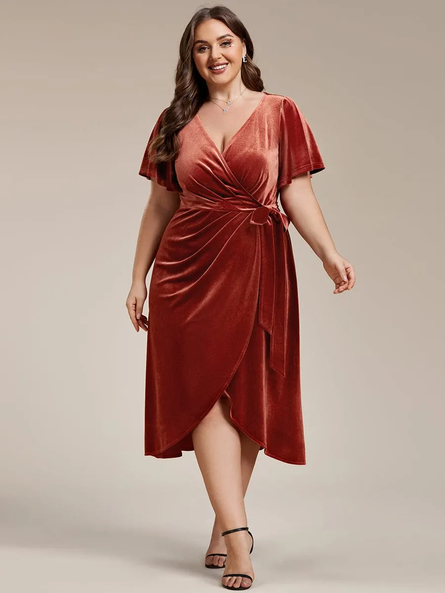 Tala | Plus Size V-Neck Ruffles Sleeve Velvet One-Piece Type Wedding Guest Dress