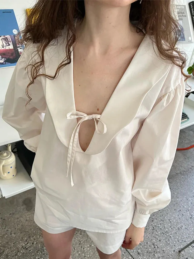 TAVIMART  -  Sweet Bow Lace-up Women's Blouse Solid Loose Wavy Deep V-neck Puff Long Sleeve Tops 2024 Spring Summer Elegant Female Blouses