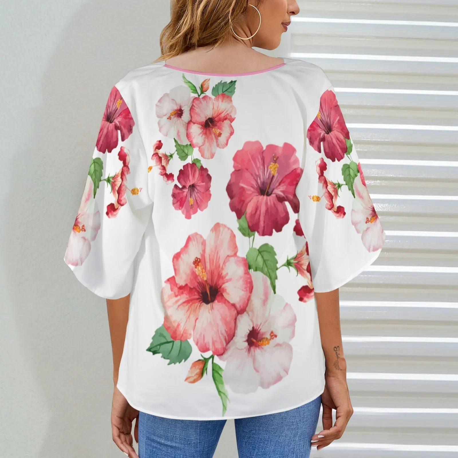 TRP Floral Print 03 Designer Draped Neck Flare Sleeve Blouse