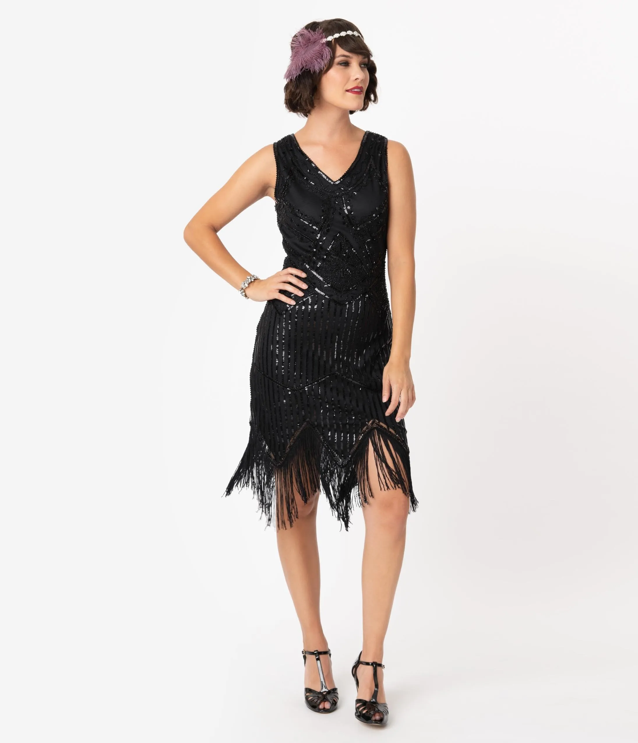 Unique Vintage 1920s Black Beaded Sequin Juliette Fringe Flapper Dress