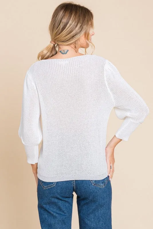 White 3/4 Sleeve Sweater Top - Final Sale