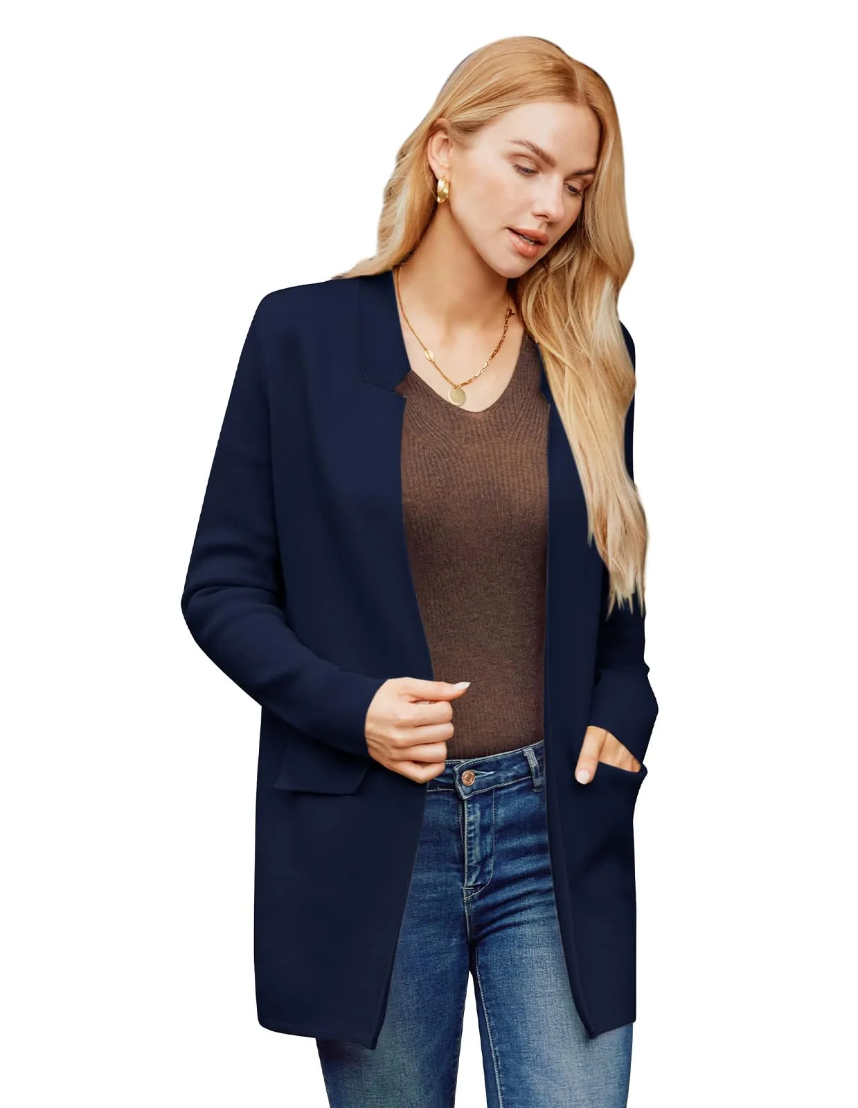 Women 2024 Long Sleeve Knit Cardigan Sweater Coat Open Front Sweater Blazer Lightweight Coatigan Jackets Navy XL