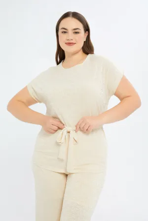 Women Beige Belted Jacquard Top